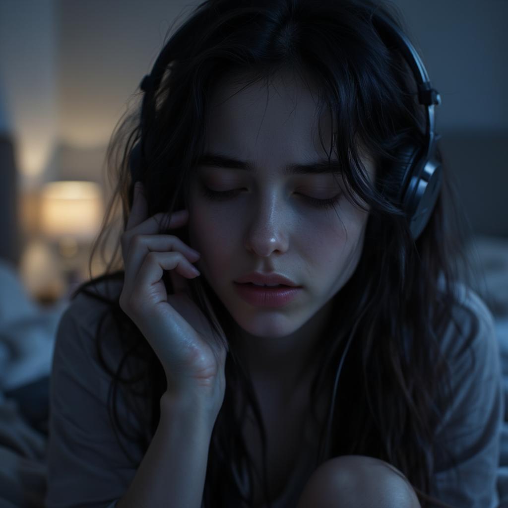 Girl listening to sad pop music with headphones on expressing emotion