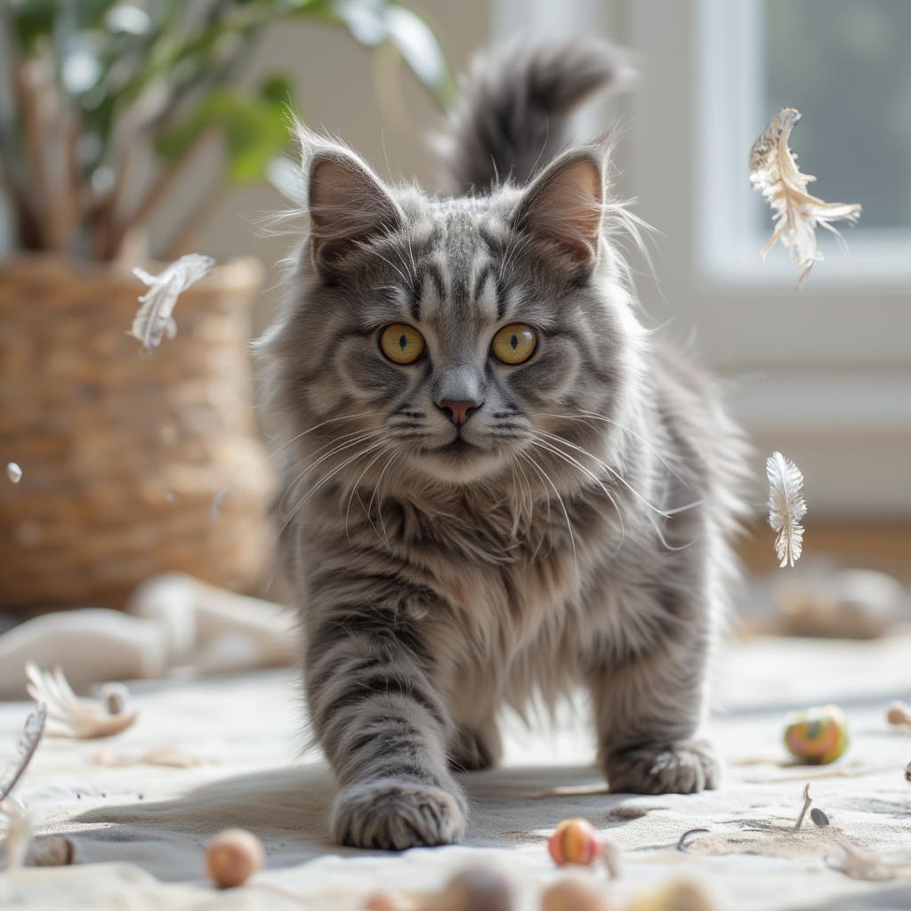 playful grey cat chasing toy