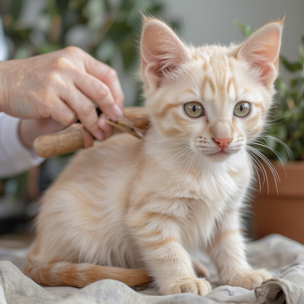 Brushing a fluffy flame point Siamese kitten