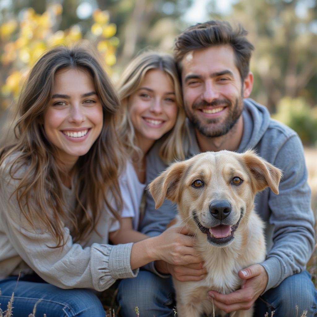 happy family with newly adopted dog