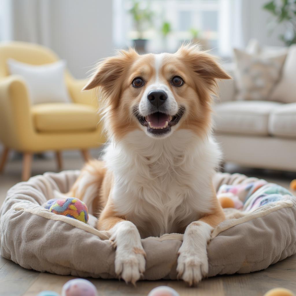 happy adopted dog smiling in new home