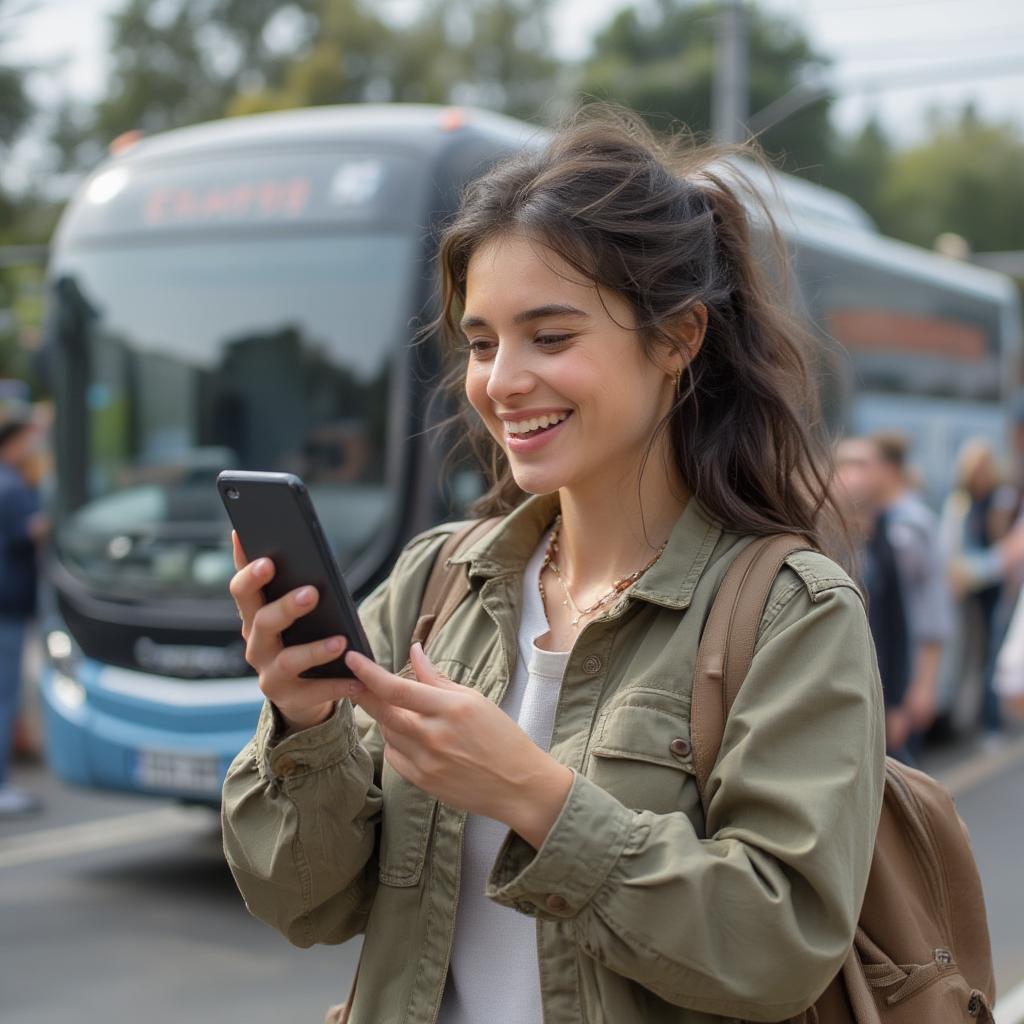 Happy traveler booking bus ticket online with smartphone