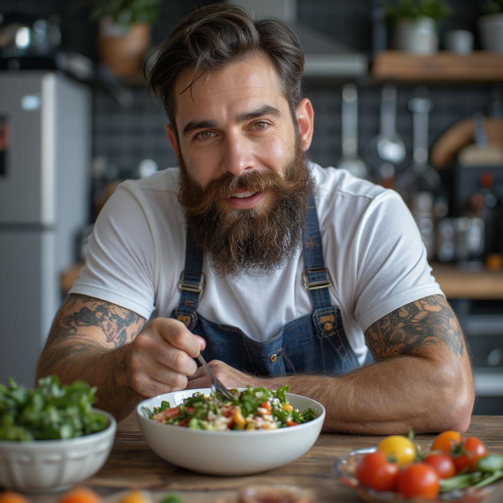 Man eating healthy meal no shave november