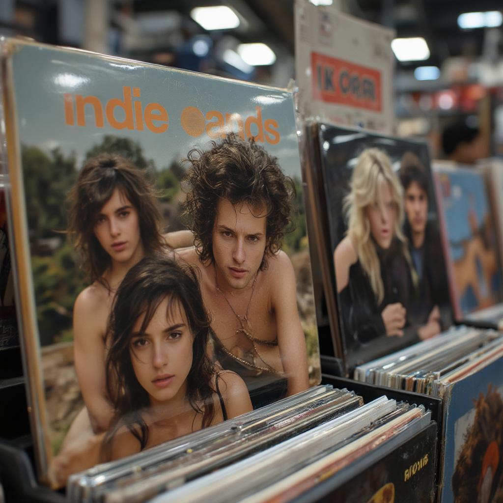 Indie band album in a record store with various vinyl records