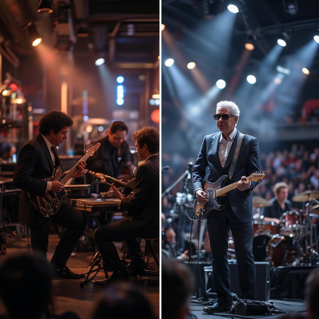 A Split Image Showing Jazz and Rock Musical Environments