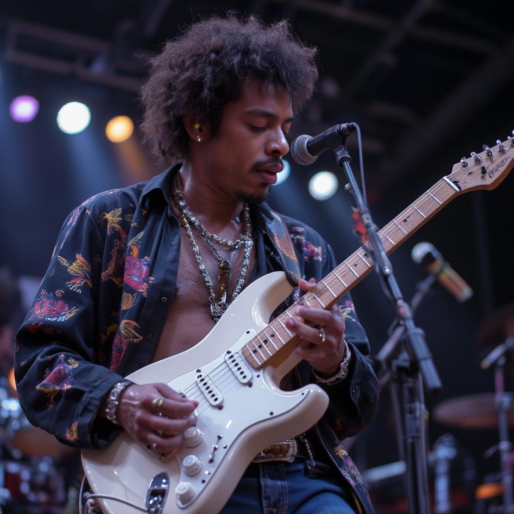 Jimi Hendrix passionately playing guitar on stage