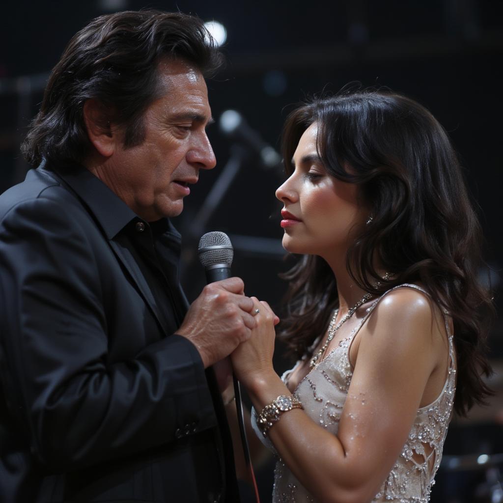 Johnny Cash and June Carter in a tender moment during a performance