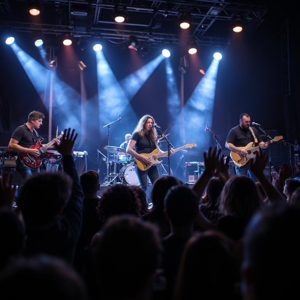 Band performing on stage at night during a July 4th show