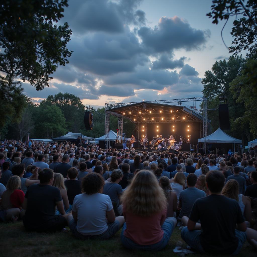 Outdoor music stage at night with crowd watching a live music performance