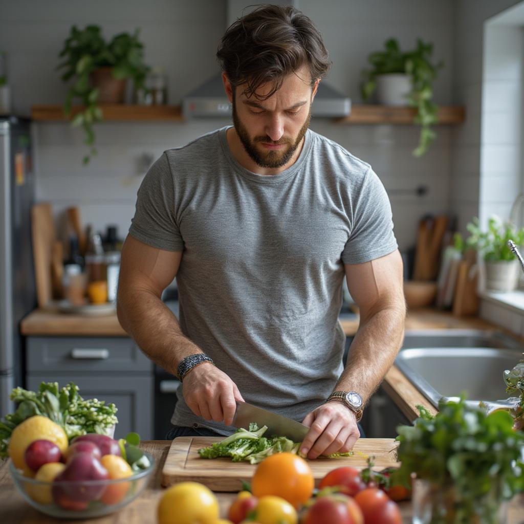 man preparing nutritious meal after starting trt