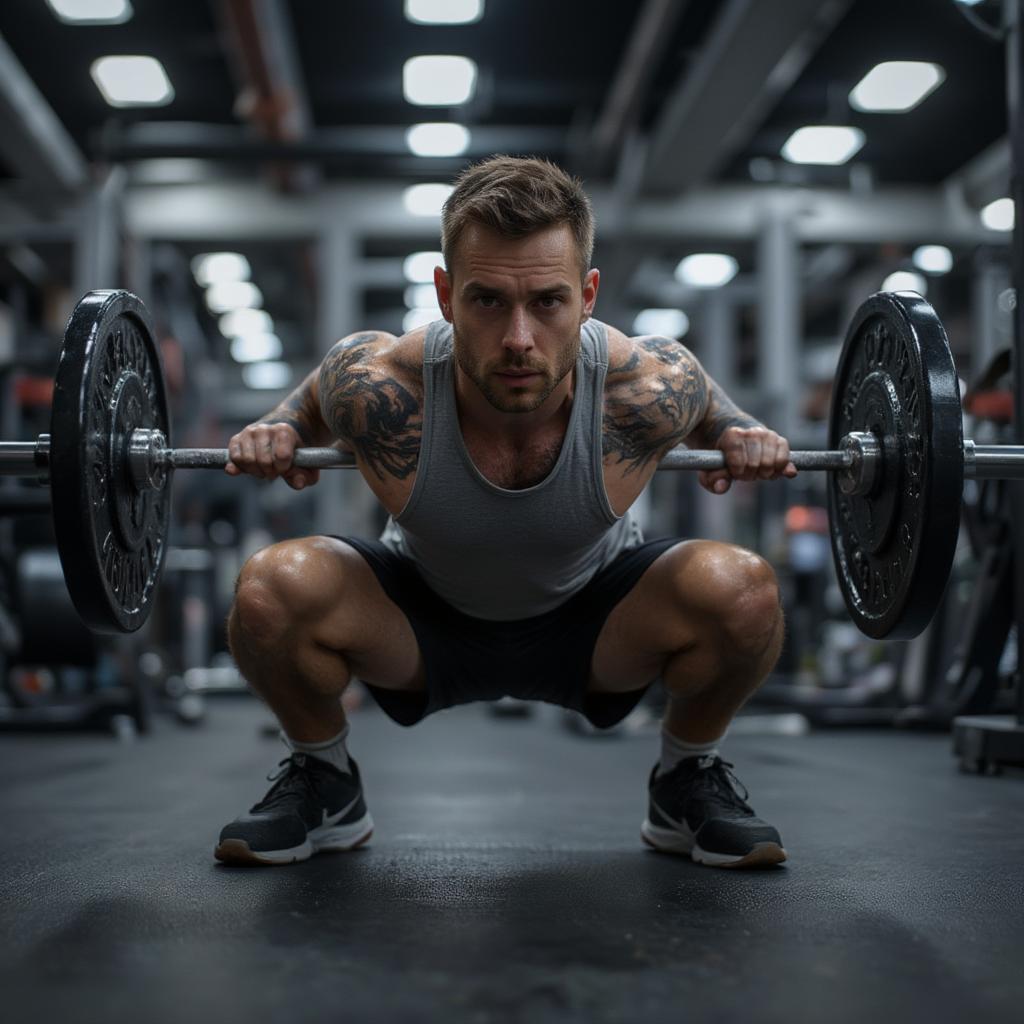 Man Doing Squat With Barbell To Achieve 19 Percent Body Fat