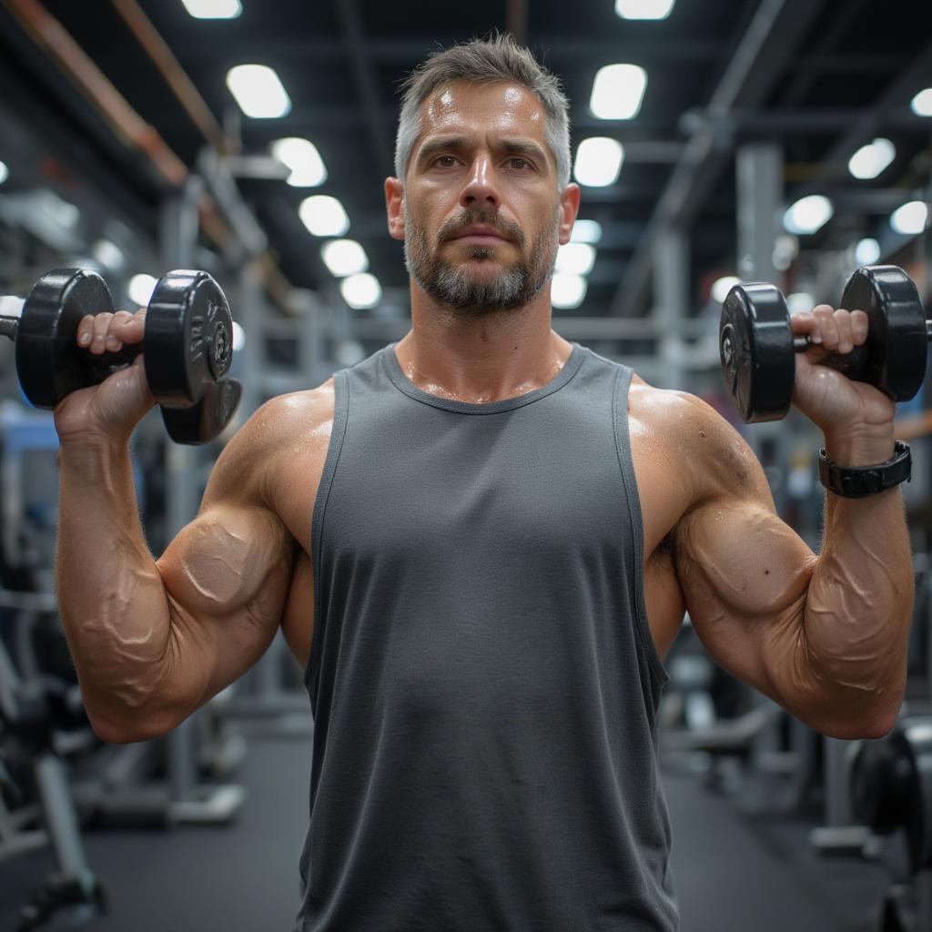 Man in forties strength training with weights at the gym