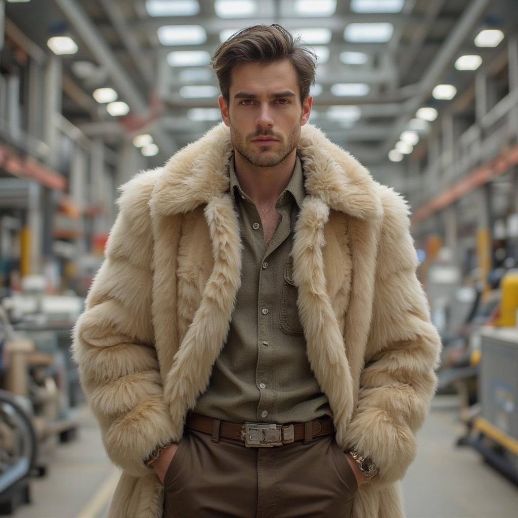 A stylish man wearing a vintage-inspired fur jacket