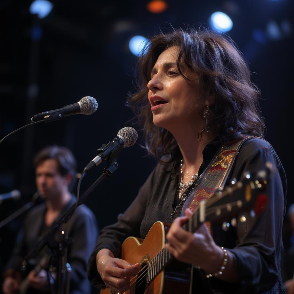 Maria Muldaur performing live while singing songs of Bob Dylan