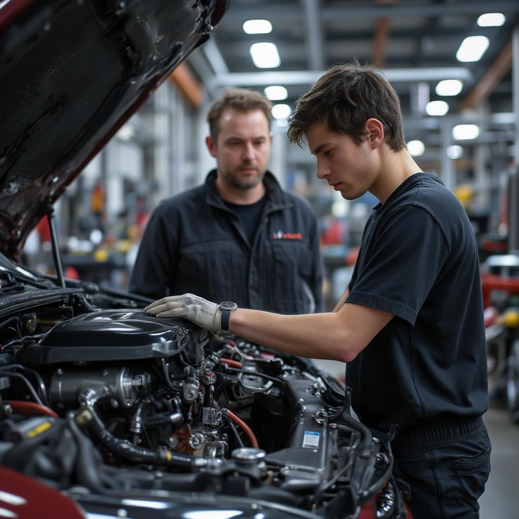 mechanic student learning car engine