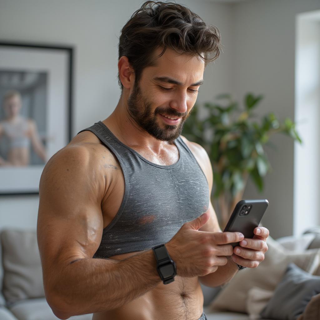 man checking exercise workout plan on his phone