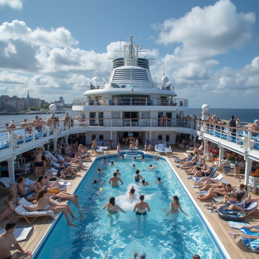 A mini cruise ship with a vibrant pool deck