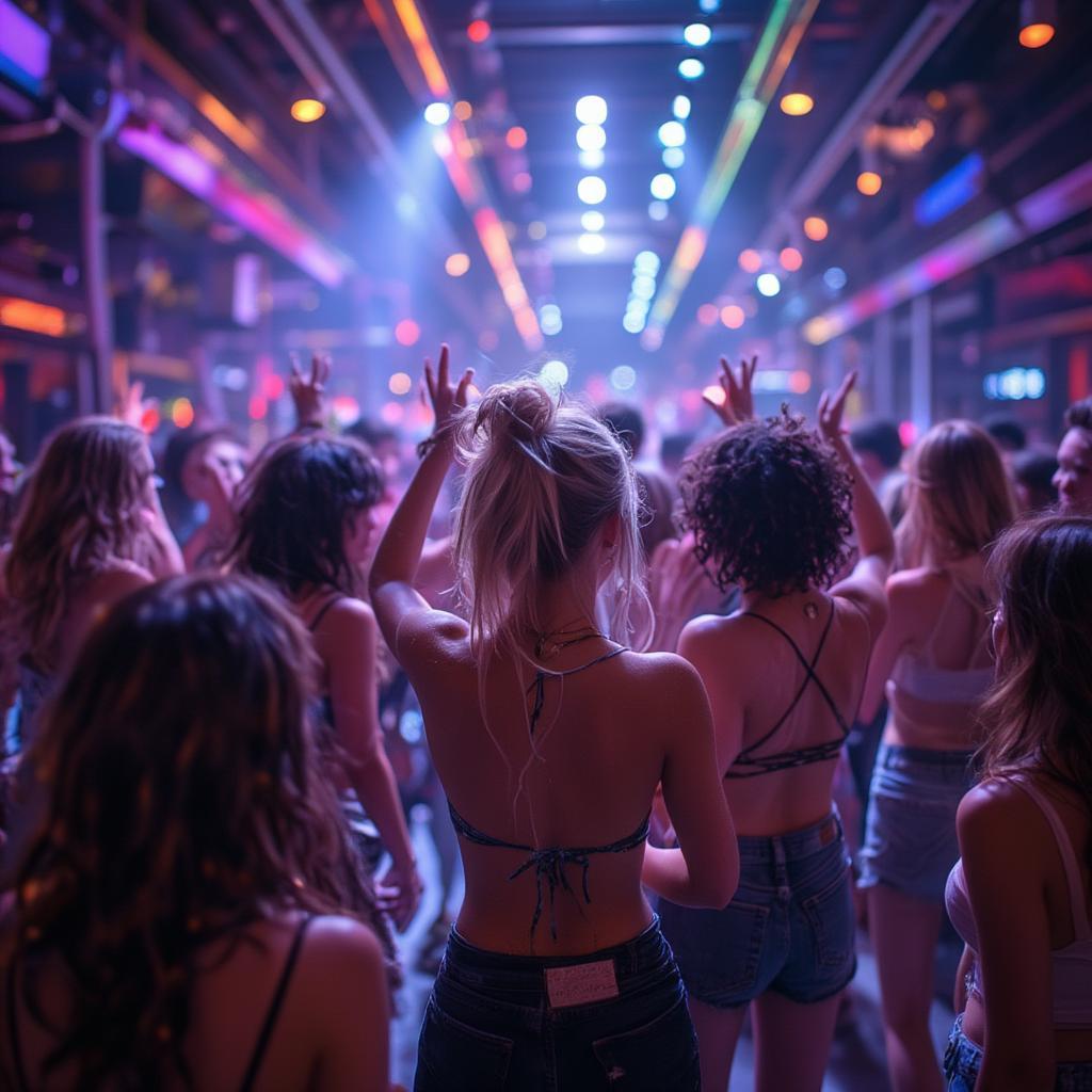 A modern disco nightclub scene with people dancing under colorful lights