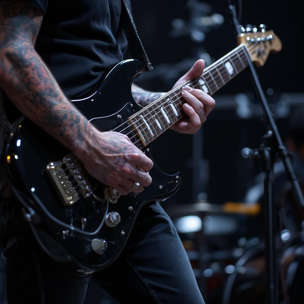 Musician playing guitar on stage