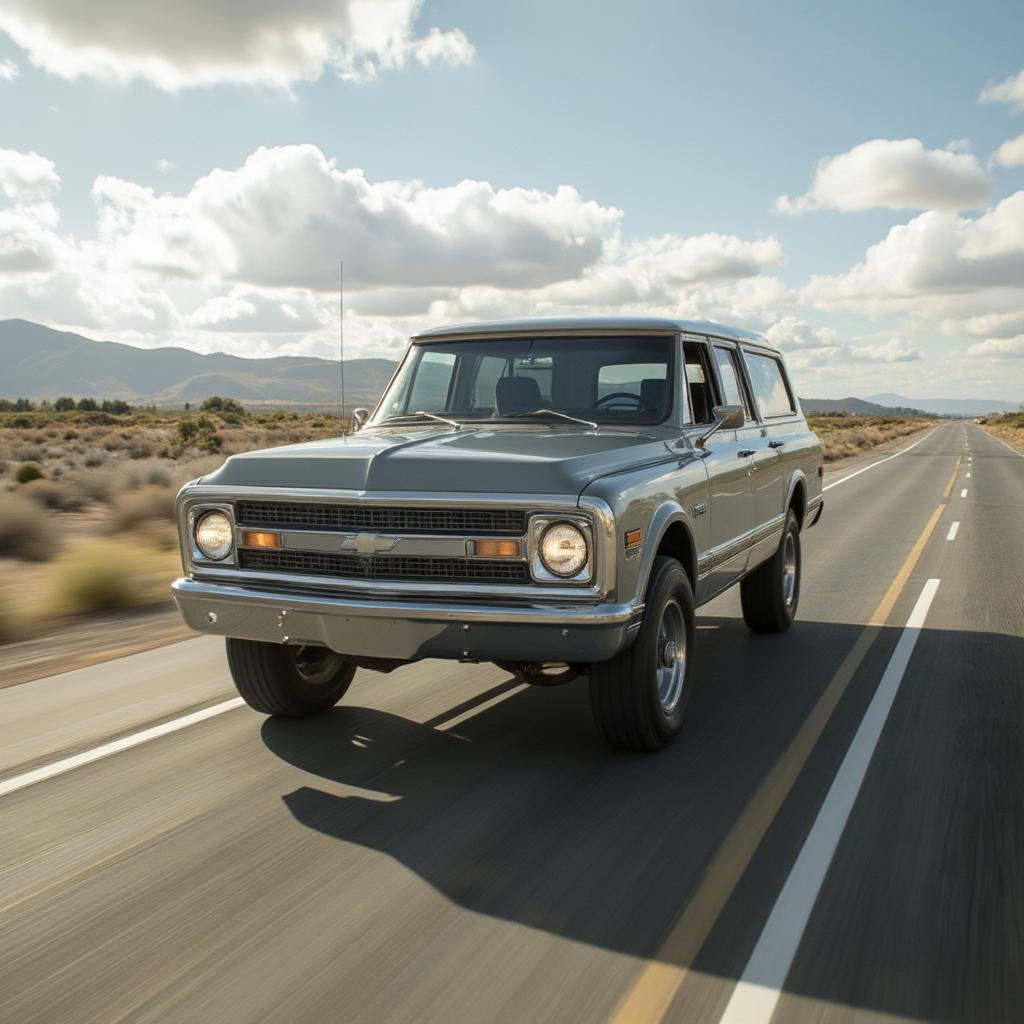 vintage chevy suburban on open road during road trip