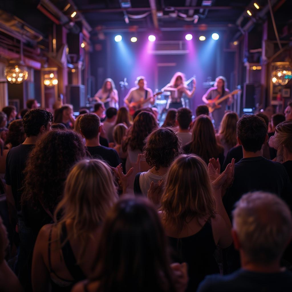 Enthusiastic crowd enjoying an energetic live band performance on a Thursday night