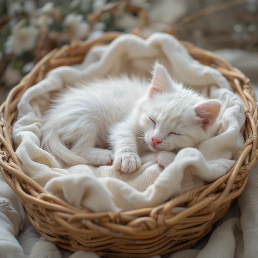 white persian kitten sleeping curled up in a basket