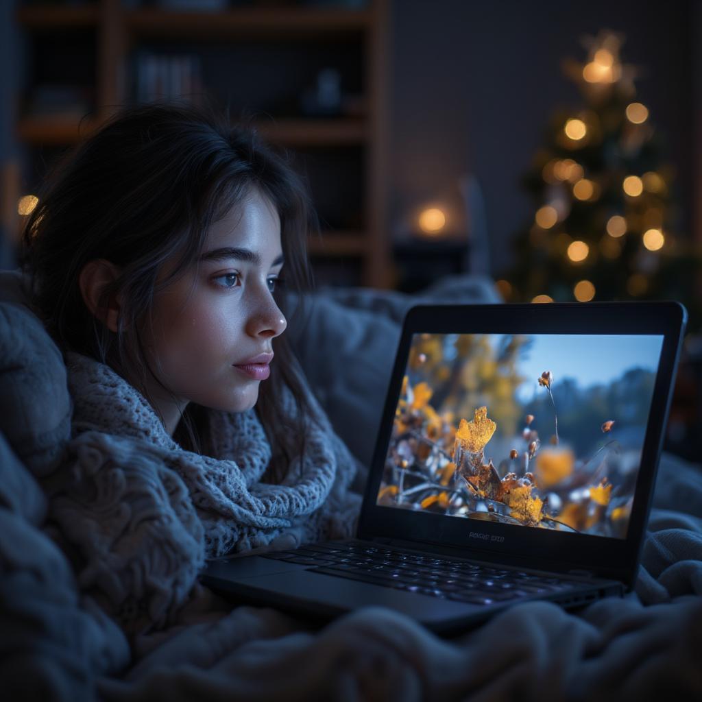 person watching a movie with fall scene