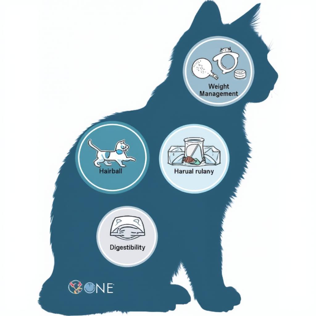 Purina One Indoor cat food's benefits shown with a cat silhouette and icons