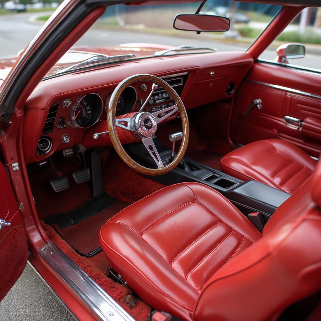 Close up interior shot showing the condition of a classic red Camaro