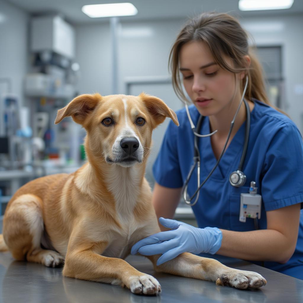 A vet examines a rescued dog