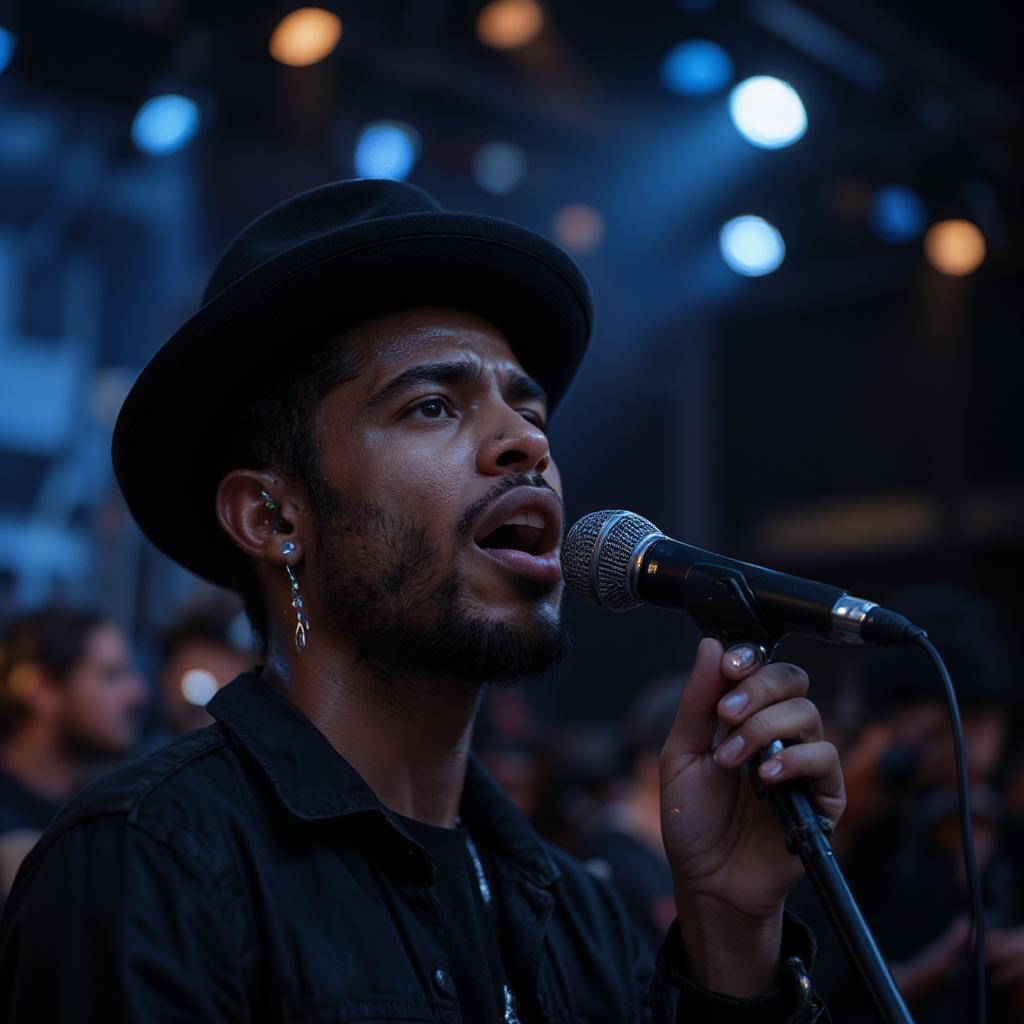 Rhythm and blues singer performing passionately on stage with microphone and stage lighting