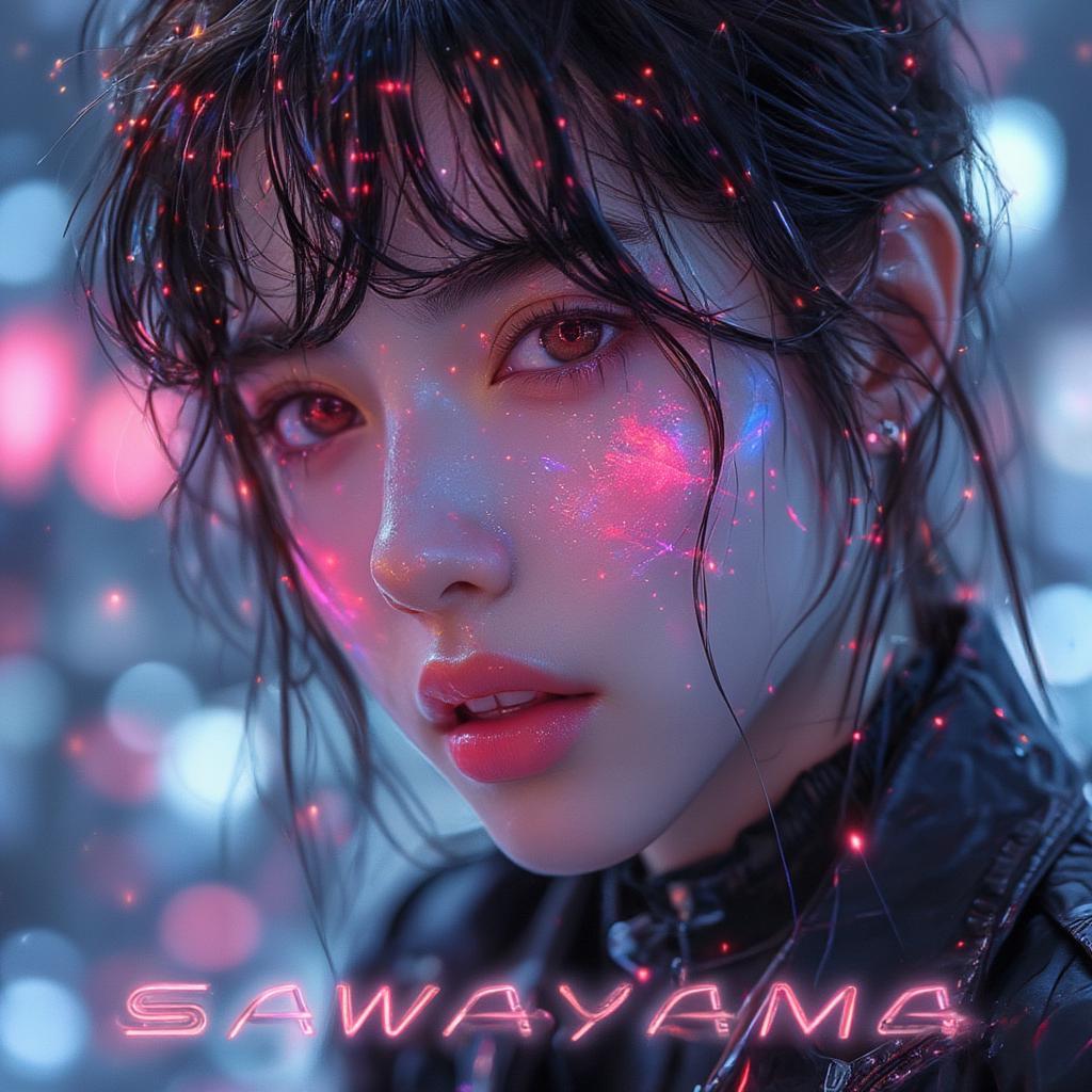 Rina Sawayama's Debut Album Cover, SAWAYAMA, a vibrant display of pop artistry, showing a futuristic and stylish aesthetic, with the title in bold letters.