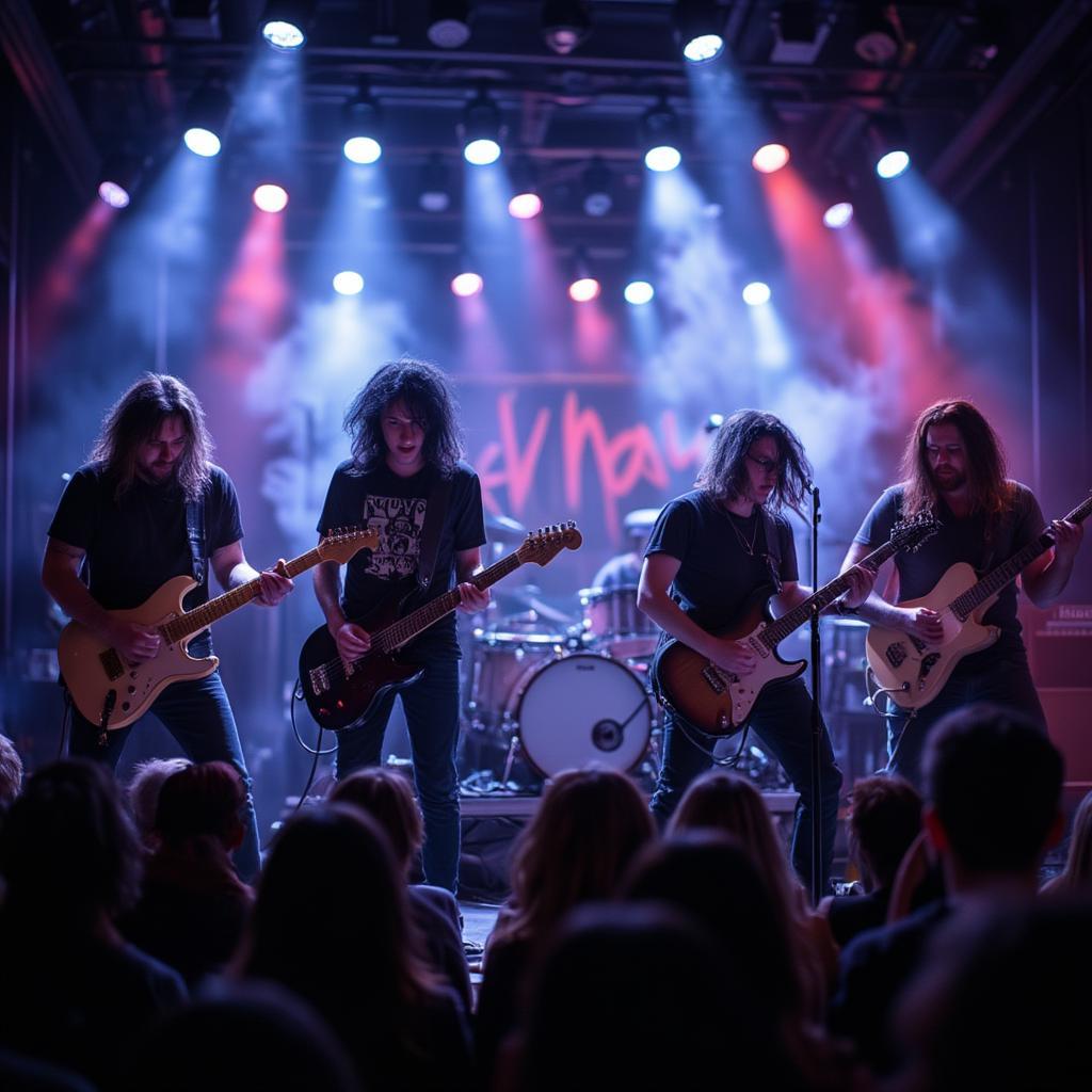 a rock band playing on stage with lights and smoke