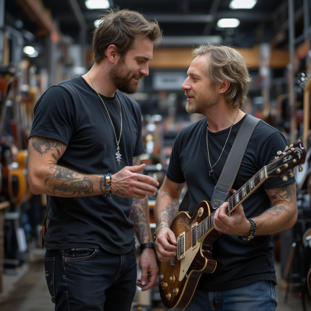 Rock shop staff assisting a customer with a guitar