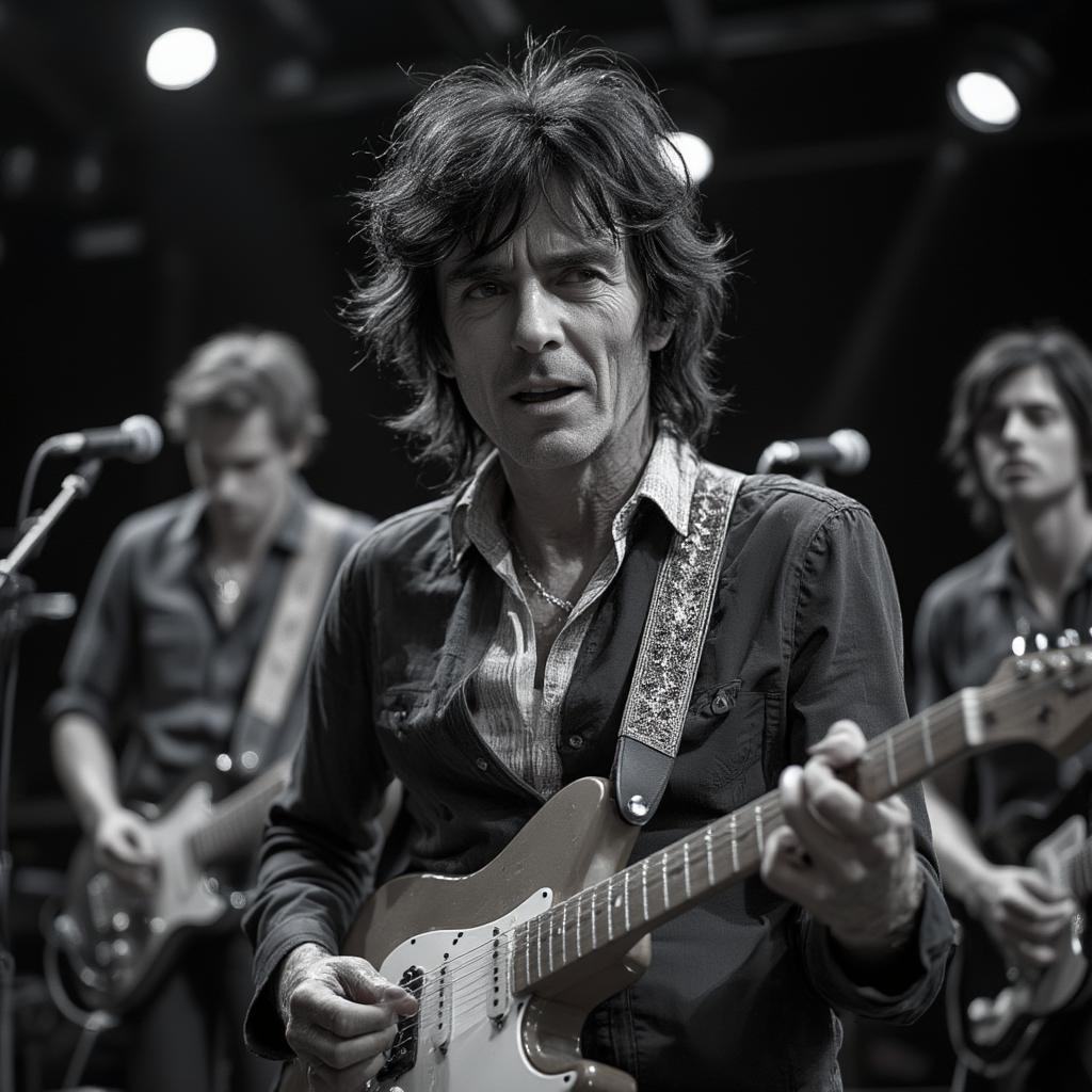 close up photo of ronnie wood with wild five in background