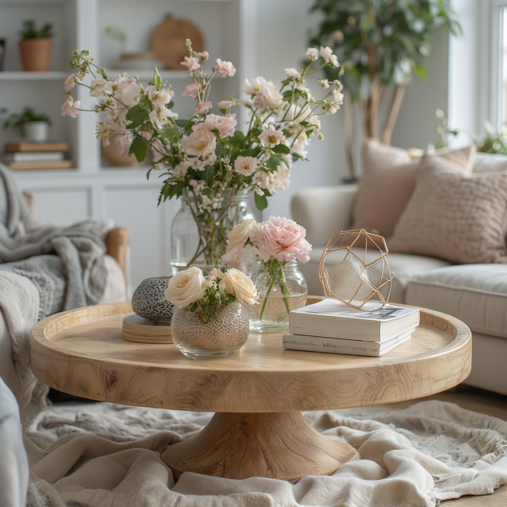 round wooden table with curated items