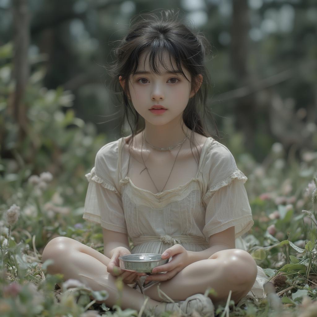 Setsuko with candy tin in the forest