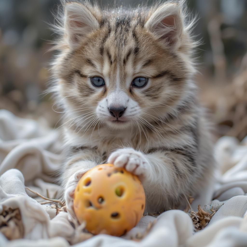 cute siberian kitten playing with a toy