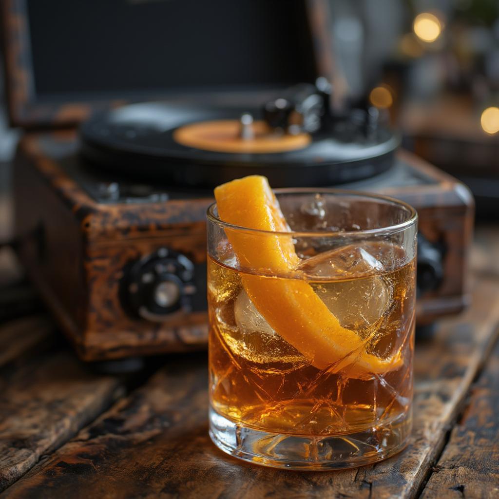 A classic Old Fashioned cocktail with a record player in the background