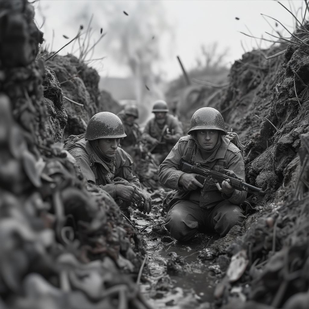 World War II soldiers in a muddy trench under fire