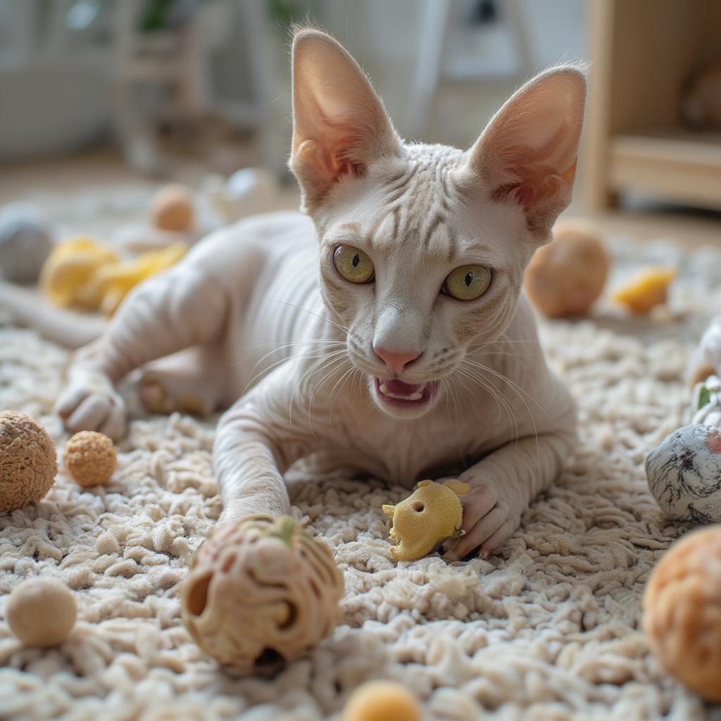 Sphynx cat playing with toys