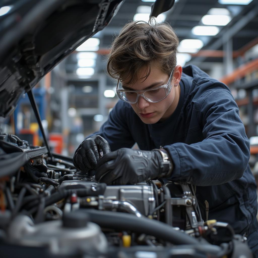 Student deeply engaged working on car engine