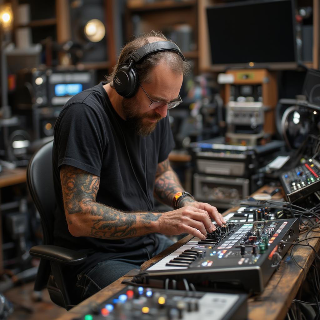 tommy brenneck producing in a studio surrounded by equipment