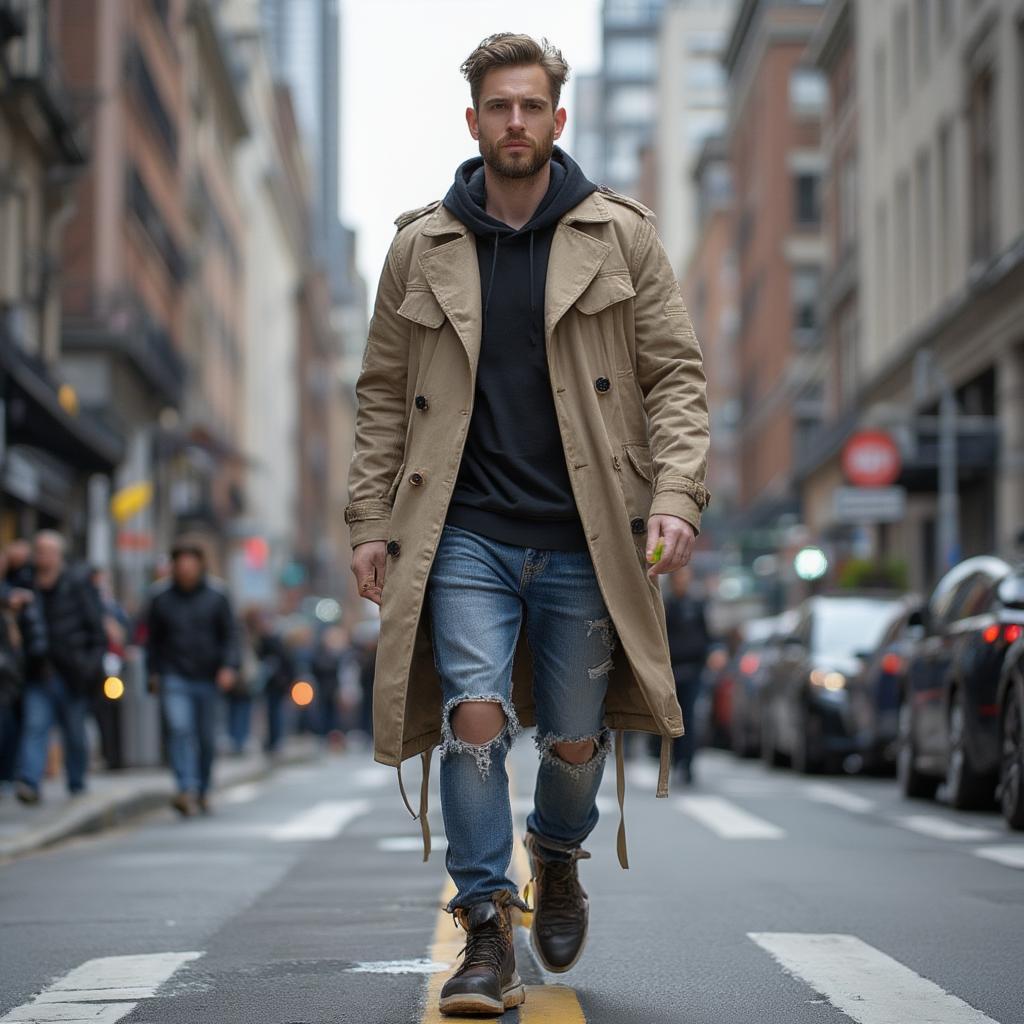 a man walking on an urban street in stylish attire