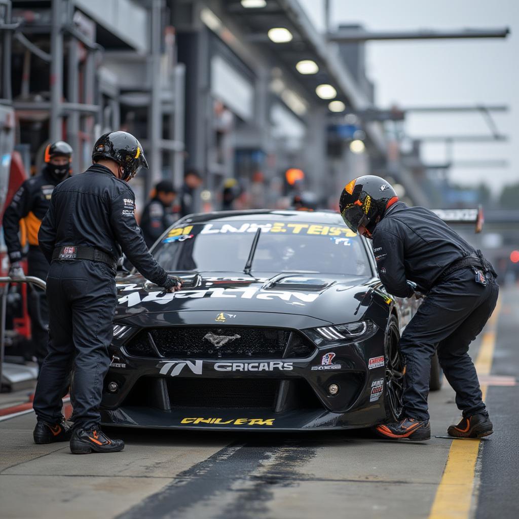 v8 supercars team pit stop during the race showing mechanics in action