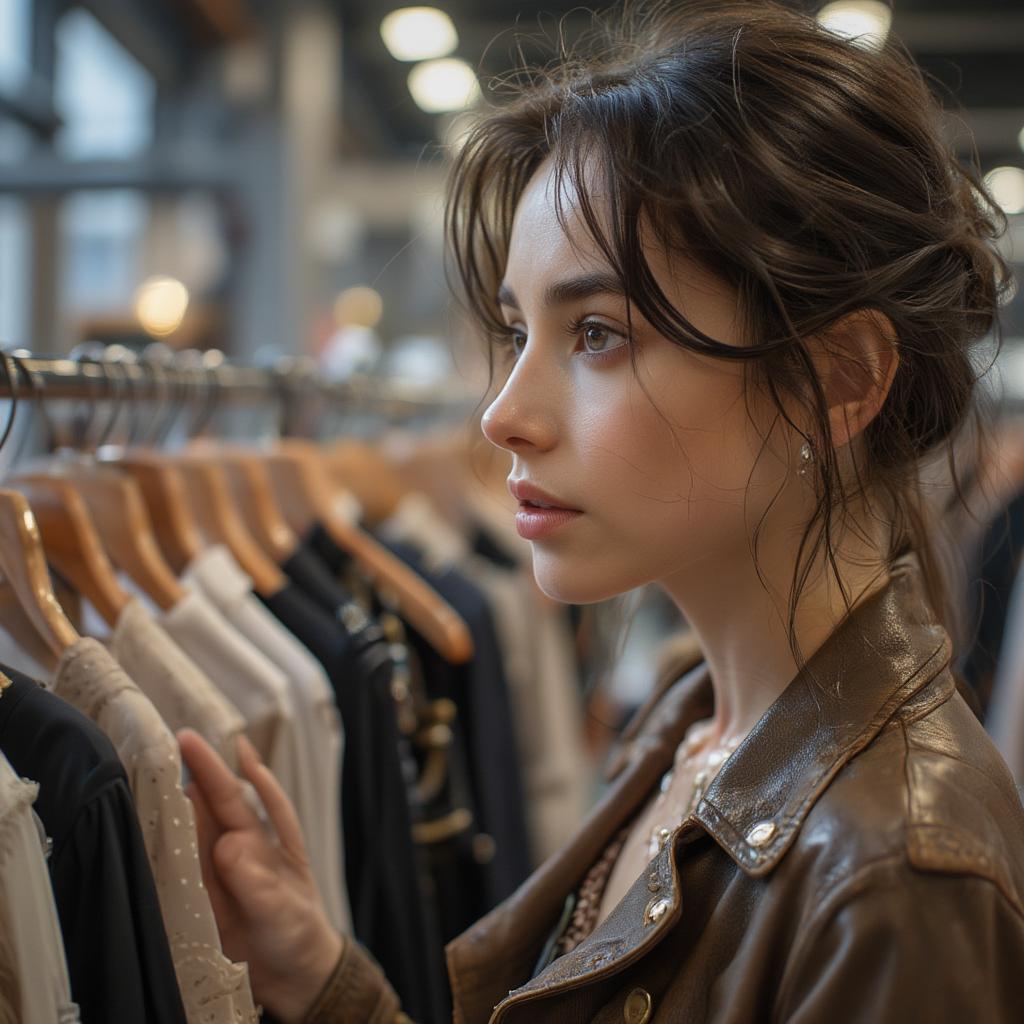 woman thoughtfully selecting clothes