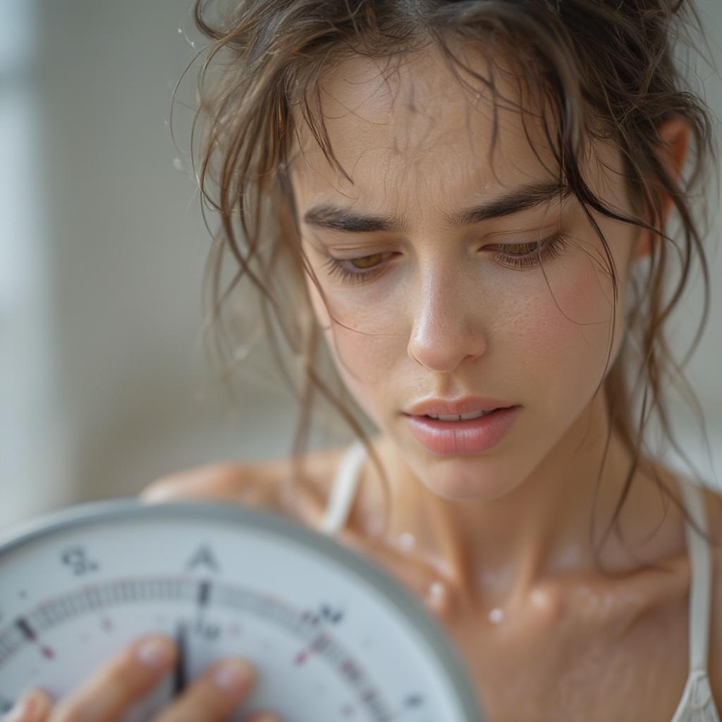 Frustrated woman looking at scale after weight loss efforts