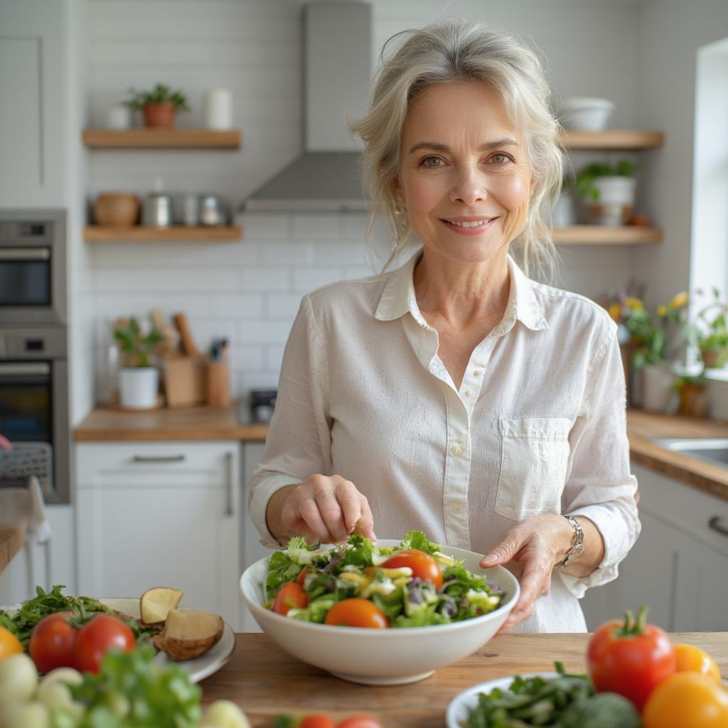 Woman preparing a healthy salad in her kitchen