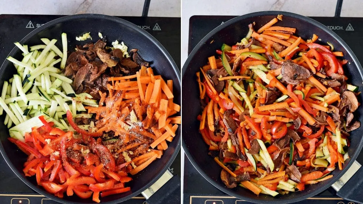 2 Schritt-für-Schritt-Fotos von Gemüse und Champignons in schwarzer Pfanne