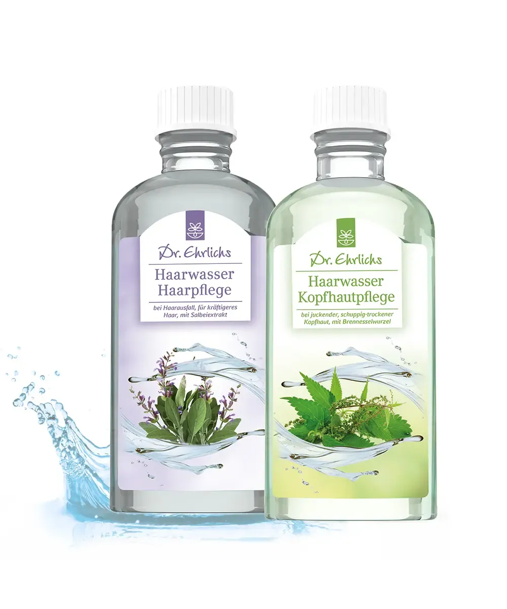 Abbildung der Flaschen-Frontseiten des Dr. Ehrlichs Kopf- und Haarpflege Set, ideal bei juckender Kopfhaut und drohendem Haarausfall